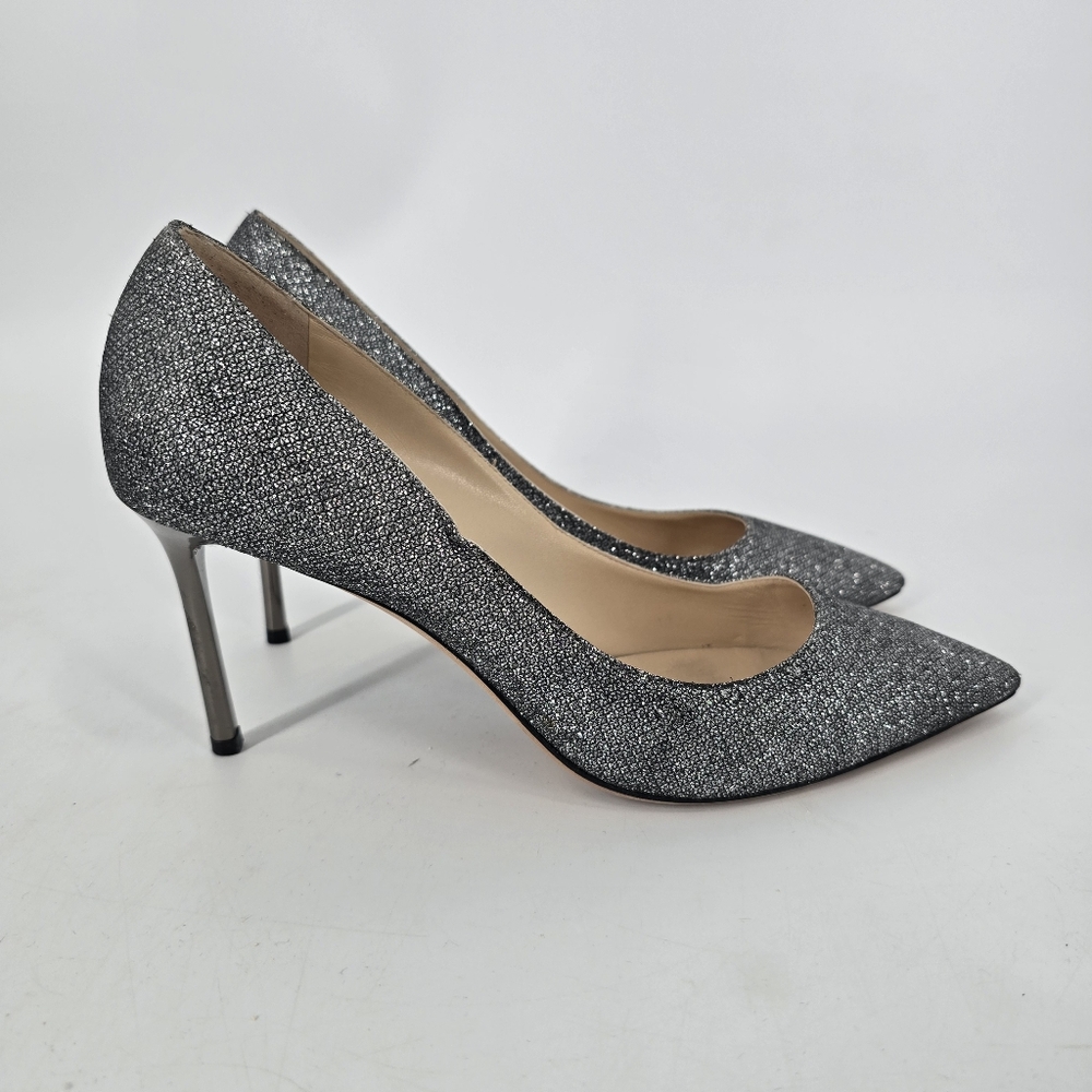 Jimmy Choo Romy Dark Silver Glitter Point Toe Pumps Size 40.5